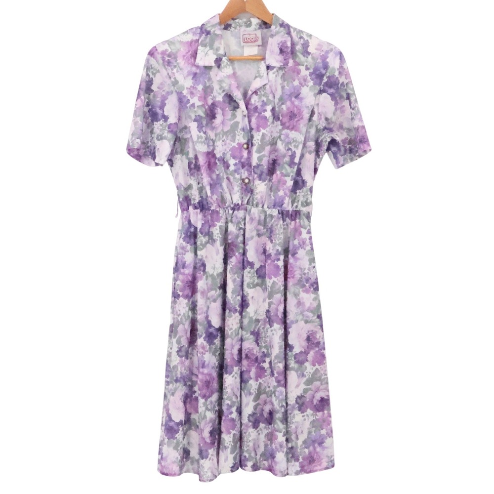 California Looks Purple Floral Secretary Dress Midi USA Vintage 80a 90s Size 12P